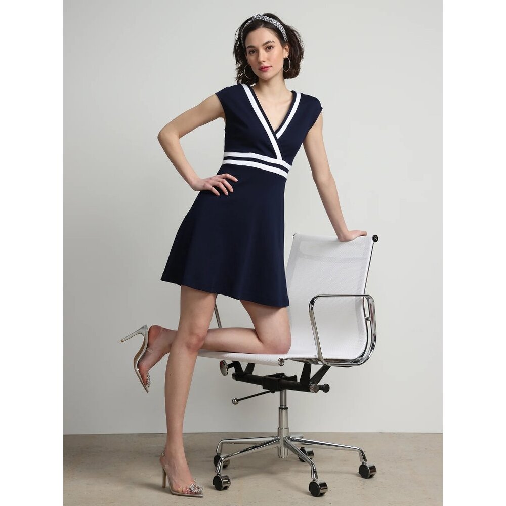 New York and Company Colorblock Accent Faux Wrap Dress Size XL Navy White NEW